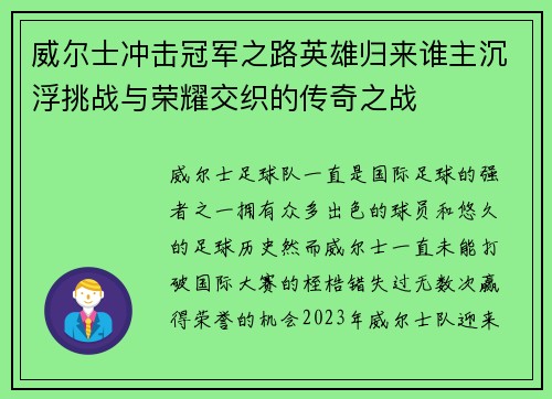 威尔士冲击冠军之路英雄归来谁主沉浮挑战与荣耀交织的传奇之战
