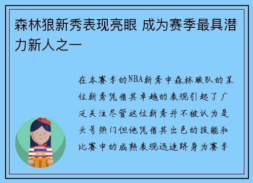 森林狼新秀表现亮眼 成为赛季最具潜力新人之一