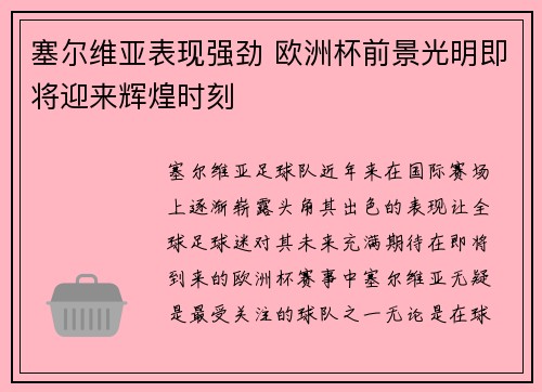 塞尔维亚表现强劲 欧洲杯前景光明即将迎来辉煌时刻
