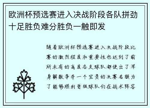 欧洲杯预选赛进入决战阶段各队拼劲十足胜负难分胜负一触即发