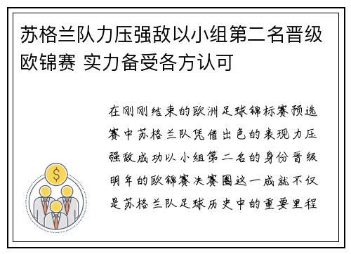 苏格兰队力压强敌以小组第二名晋级欧锦赛 实力备受各方认可