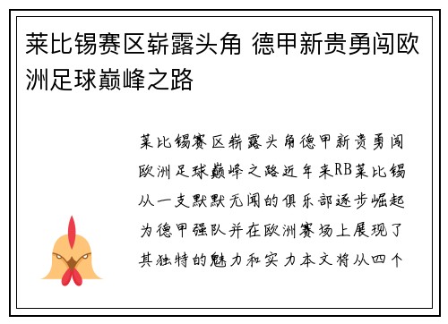 莱比锡赛区崭露头角 德甲新贵勇闯欧洲足球巅峰之路