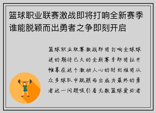 篮球职业联赛激战即将打响全新赛季谁能脱颖而出勇者之争即刻开启