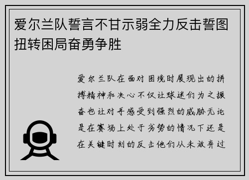 爱尔兰队誓言不甘示弱全力反击誓图扭转困局奋勇争胜